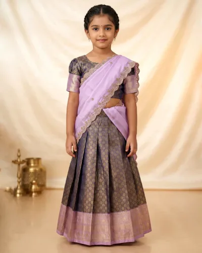 Elegant Girls Dhavani Set with Intricate Zari Weave Skirt and Ornate Border Dupatta - Purple and Lavender